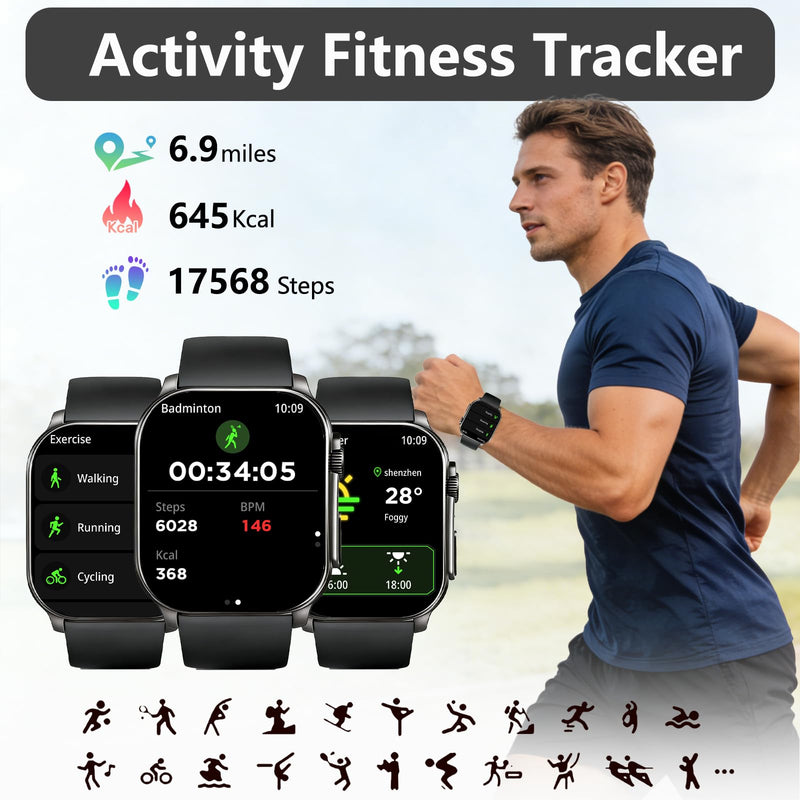 Smart Watch for Men, 2.01" AMOLED Curved HD Screen Smart Watch, Fitness Tracker with 24/7 Heart Rate/Sleep Monitor, IP68 Waterproof Running Watch, Compatible with iOS & Android for Daily Workout Black
