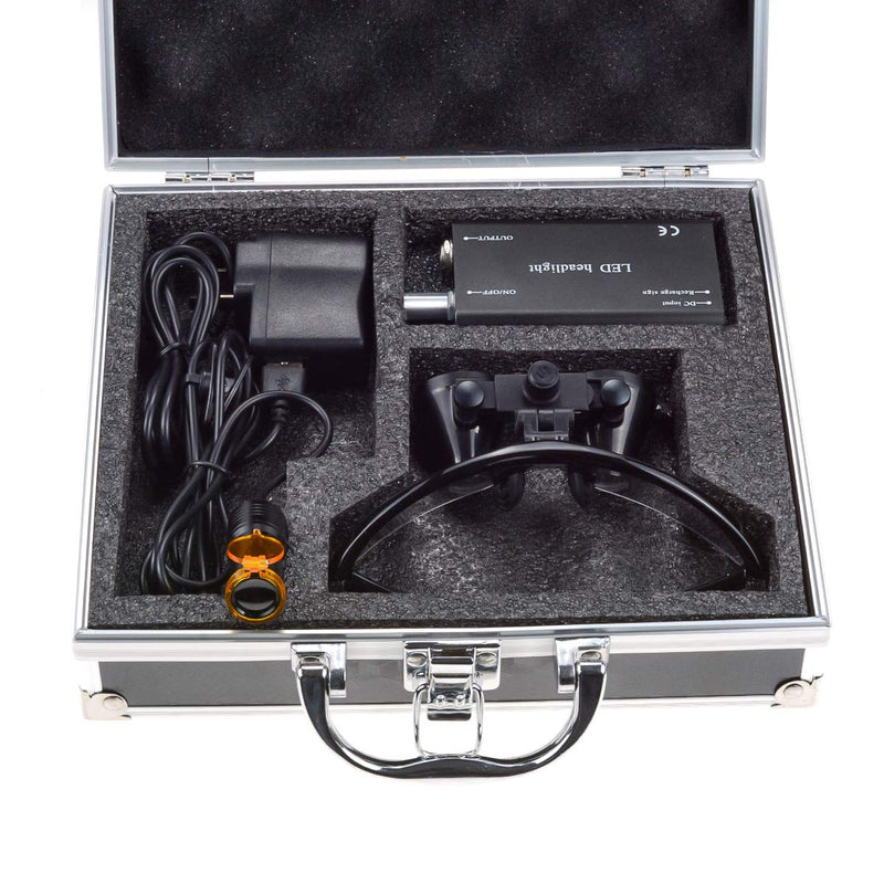 3.5X Binocular Loupes Magnifying Glasses + 5W Magnifying Lamp LED Headlamp with Filter Aluminum Box Black