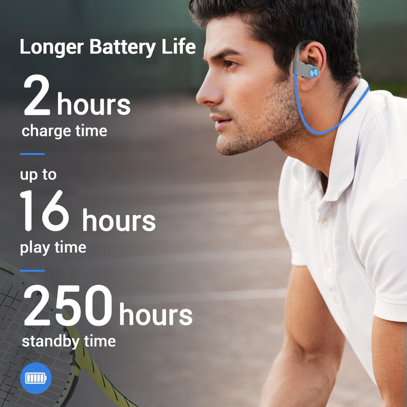 Bluetooth 5.3 Headphones, Wireless Sports In-Ear Earbuds IPX7 Waterproof | 16 Hours Playtime, Sweatproof Stereo Earphones with MIC, Noise Cancelling Headsets for Gym Running Workout, Clear Sound Blue