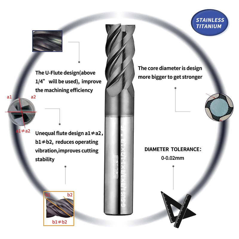 Tools G-SUS Precision Carbide End Mill Series, for Stainless and Titanium, Finish Machining, Unequal Flute and U-Flute Design, Prevent The Vibration,Carbon Tool Steel 1/8”（10Pc） 1/8-1.5" ( 10PCS)