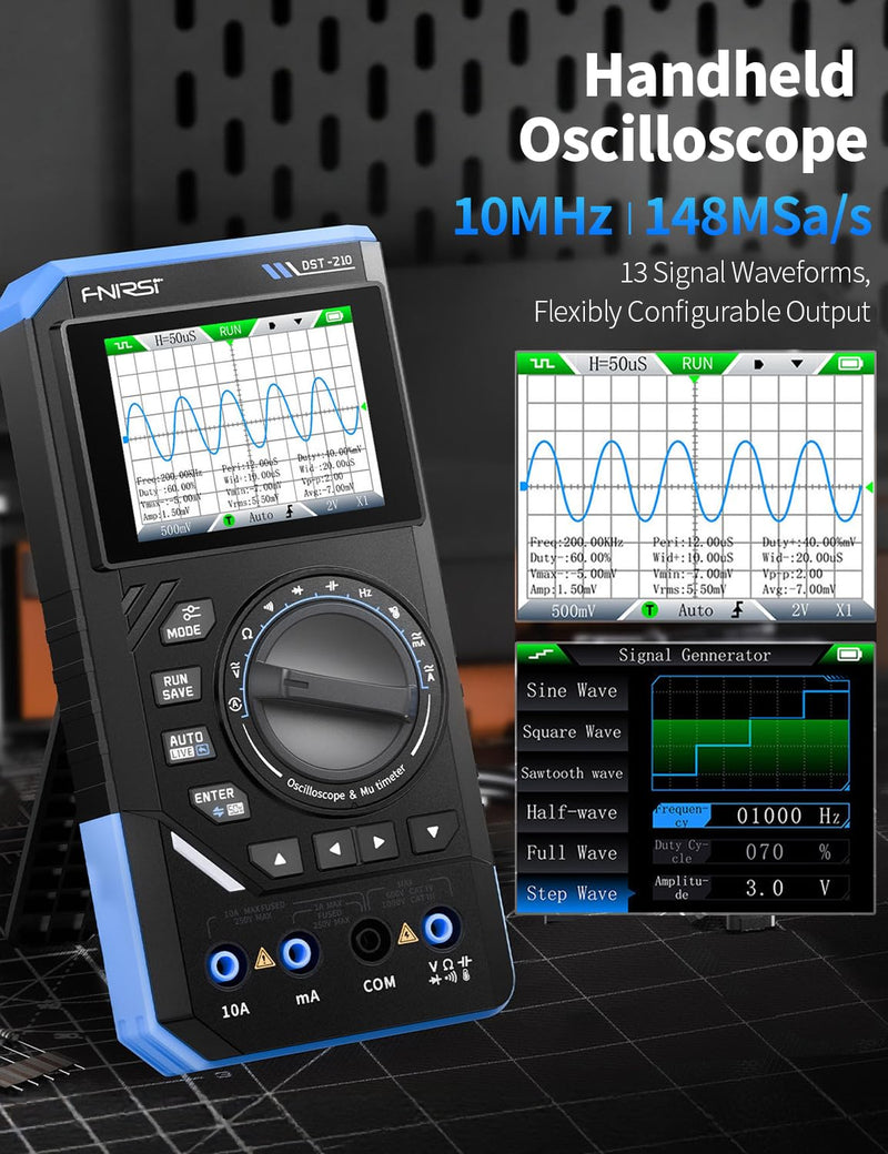 FNRSI Upgraded DST-210 2-in-1 Digital Oscilloscope Multimeter, 48MS/s Sampling Rate, 10MHz Bandwidth, Portable Scope with 2.8" Color TFT Screen, Signal Generator, DMM for Electronics Repair