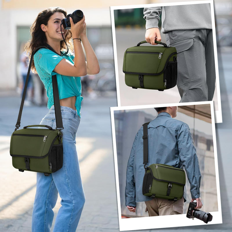 RAINSMORE Camera Bag, DSLR SLR Mirrorless Camera Case for Photographer | Waterproof Camera Sling Bag with Rain Cover & Tripod Holder Soft Padded Crossbody Camera Bag for Sony Canon Nikon Fujifilm Green M