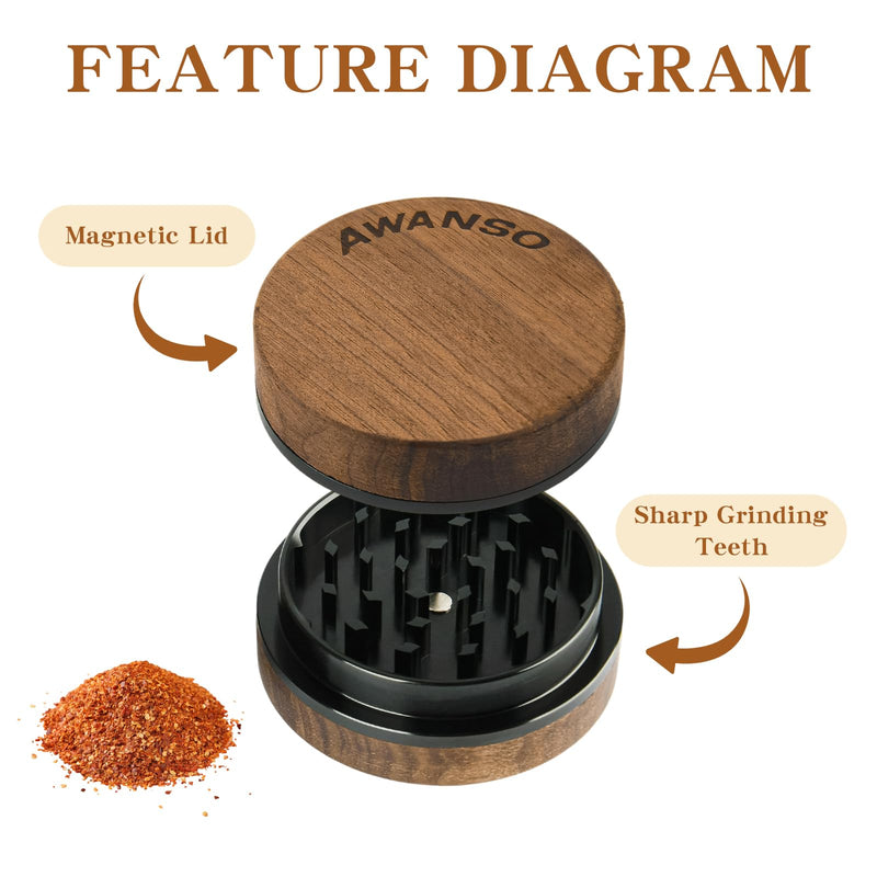2-Piece Grinder, 2.5" Walnut Wood and Aluminum Grinder for Kitchen Brown 2.5"