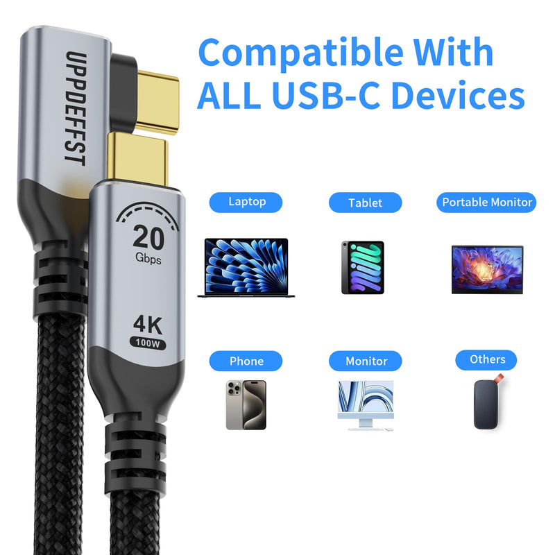 Long 16.5FT Right Angle USB C-C 3.2 Gen 2x2,20Gbps Data Transfer Cable Compatible with Thunderbolt 3,90 Degree USB-C to C Cord 100W Fast Charging,4K@120Hz Output Monitor,SSD,Docking.