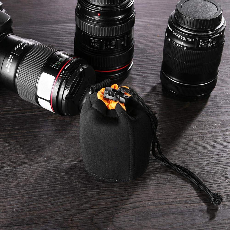 S Size (Small) Camera Lens Pouch, Thick Protective Neoprene Bag Storage Cover Case with Drawstring Design, Soft Plush Interior, Compatible for Canon, for Nikon, for Sony DSLR Lenses S: 8cm x 10cm (D x H)