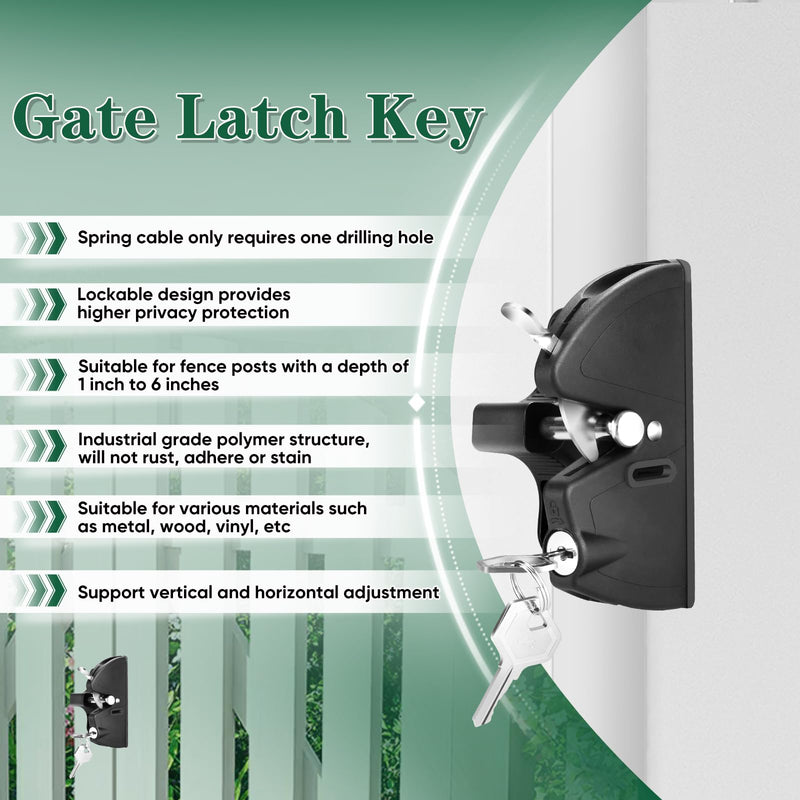 Gate Latch Key, Gate Latch Gate Fence Lock, for Outdoor Gates, Square Frame Post Metal, Wood, Vinyl Fence Gates, Black