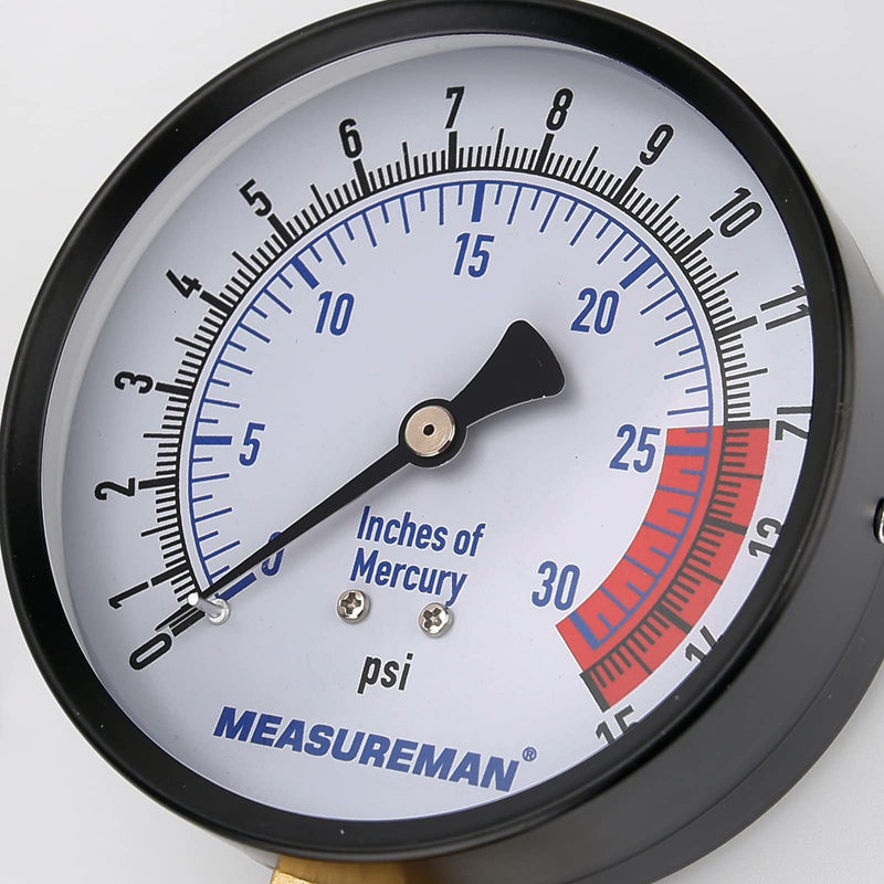 MEASUREMAN 4" Steel Gas Pressure Test Gauge Assembly, 3/4" FNPT Connection, 0-15Psi/0-30InHg, 1.6% Accuracy, 0-15Psi/0-30InH2O