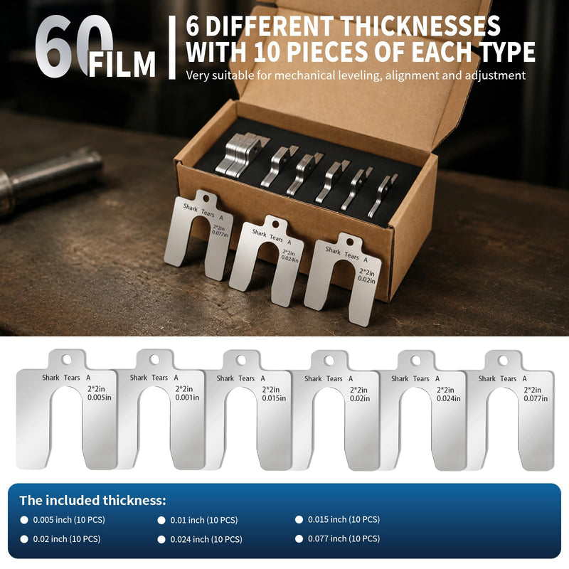 60PCS 304 Stainless Steel Shim Kit, 2" x 2" Slotted Assortment Box | 6 thicknesses for precise leveling, spacing, and alignment in machinery, repair, and installation tasks 2 x 2 inches 60