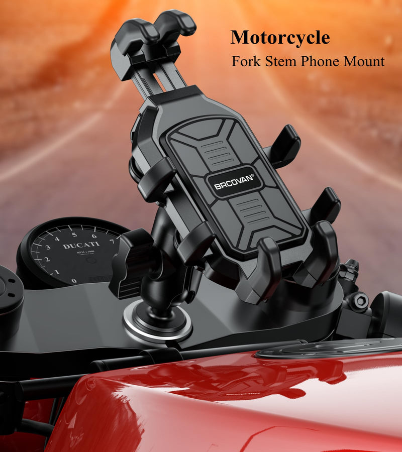 BRCOVAN Motorcycle Fork Stem Phone Mount with Vibration Dampener, Adjustable Heavy Duty Motorcycle Cellphone Holder Fit Stem Tubes 12mm-25.4mm in Diameter, Compatible with 5.4''-7.2'' Smartphones