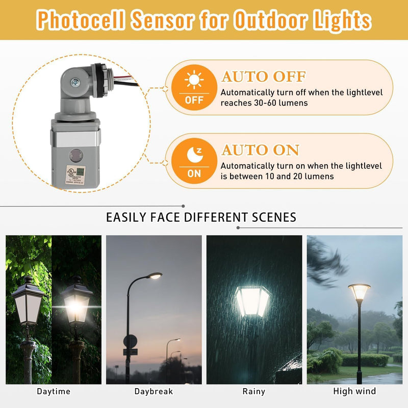 4 Pcs Photocell Sensor for Outdoor Lights, 120VAC Dusk to Dawn Photocell Switch, IP54 Waterproof for Yard, Parking Lot, Street 4