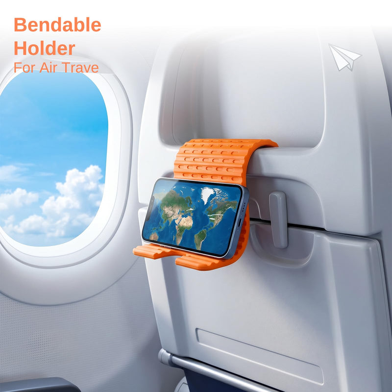 Airplane Phone Holder, Silicone Foldable Phone Stand for Desk and Travel | Bendable Phone Holder for Plane, Desk, Bed and Treadmill Use, Fits Phones and Tablets, with 24 Suction Cups and Charging Port Black