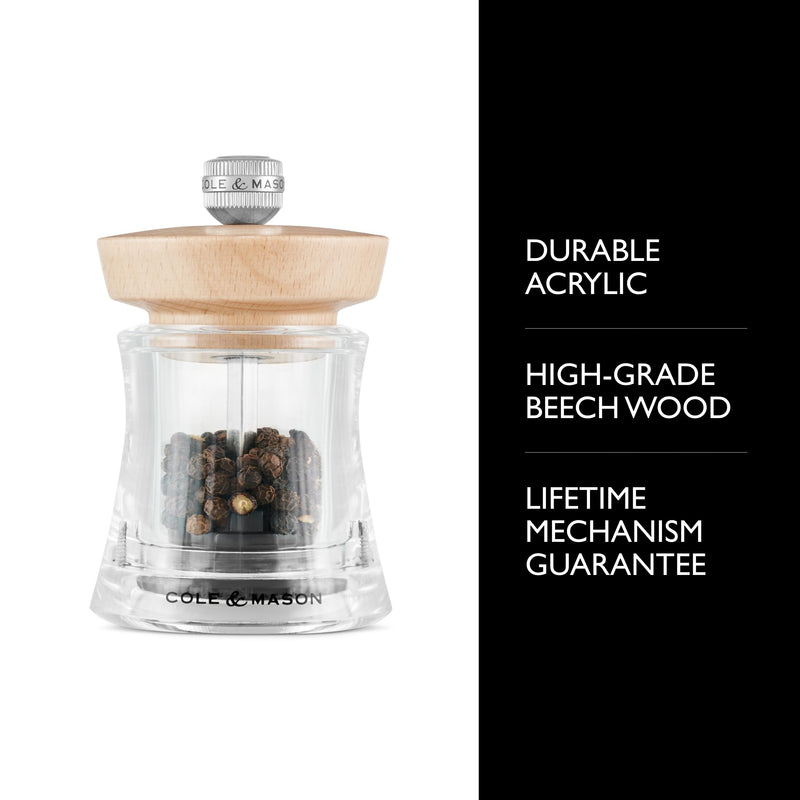 Cole & Mason Holborn Acrylic - Compact Hand Grinder - Acrylic Kitchen Tool with Adjustable Grind Setting - Easy-to-Clean Grinder with Premium Design - Natural Beech Pepper Mill, 3.75"