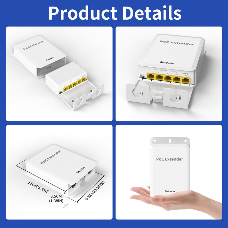 5 Ports Outdoor PoE++ Gigabit Extender, 1 in 4 Out PoE Repeater with 1000Mbps, IEEE802.3af/at/bt IP65 Waterproof, Extend Additional 100m(328ft) of Power and Data Transmission, Plug & Play
