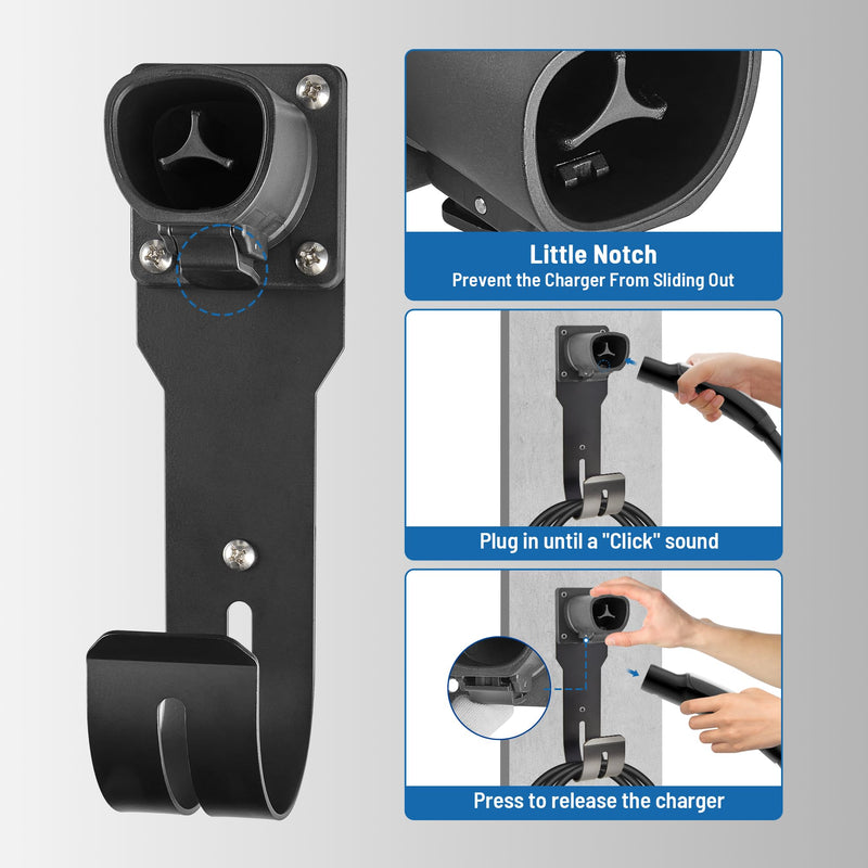MECMO for Tesla Charger Holder - Wall Mount Dock & J-Hook for Model 3/Y/X/S, Heavy Duty Steel EV Charging Cord Hanger Compatible with NACS Connector