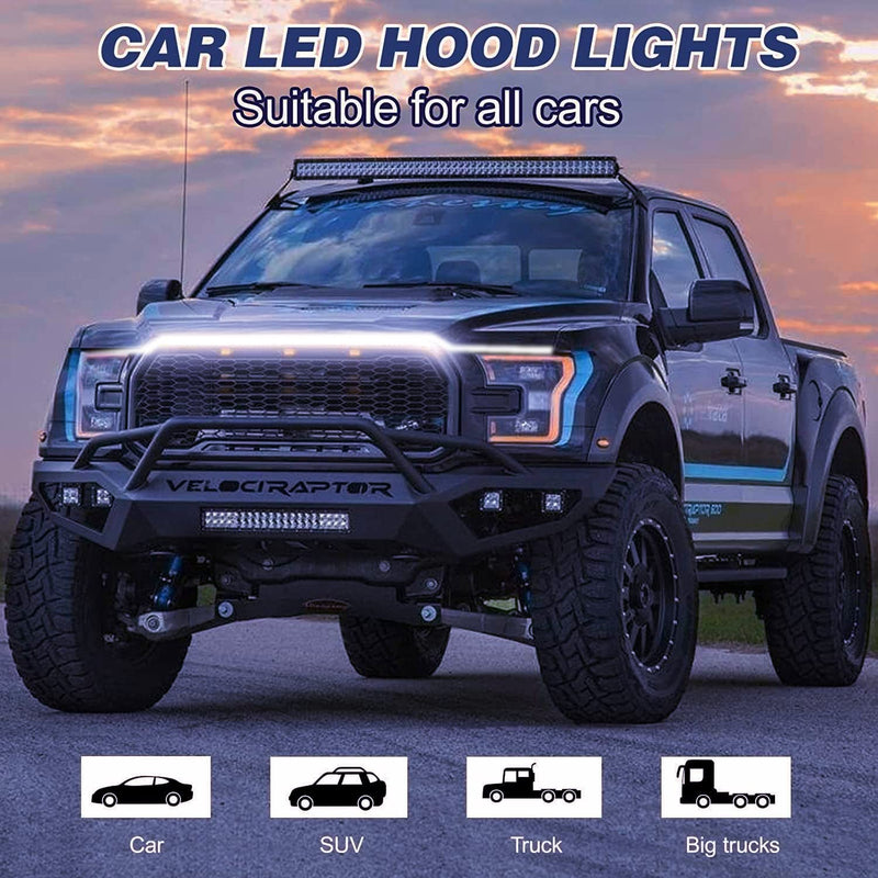 Car LED Hood Light Strip, 70 Inch 12V Flexible Waterproof Daytime Running Lights for Car, Universal Engine Cover Decoration Accessories for Cars, SUVs, Trucks, Dynamic Scan Start-up Effect (White) White 70 Inches