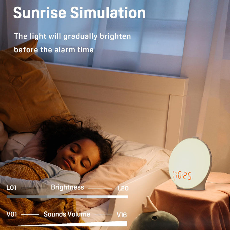 Wake Up Light Sunrise Alarm Clock for Kids, Heavy Sleepers, Bedroom, with Sunrise Simulation, Sleep Aid, Dual Alarms, FM Radio, Snooze, Nightlight, Daylight, 7 Colors, 7 Natural Sounds, Ideal for Gift White