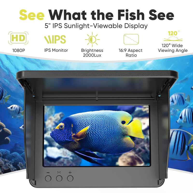 Underwater Fishing Camera with 5" IPS Monitor, 1000TVL, 178° Wide-Angle, IP68 Waterproof, 12 IR Night Vision, 98ft Cable, 8000mAh Battery—Fish Finder Video System for Ice, Lake, River & Boat