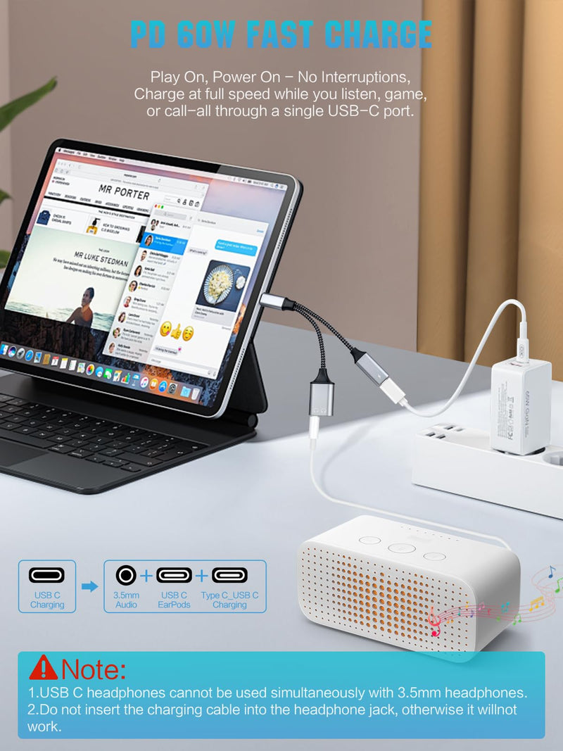 3-in-1 USB-C to 3.5mm Headphone Adapter & Charger, Type-C to Dual USB-C & Aux Audio Splitter with PD Fast Charging & DAC Chip, Compatible with iPhone 16/15 Pro Max, iPad, S24/S23, Pixel (Grey) grey-1