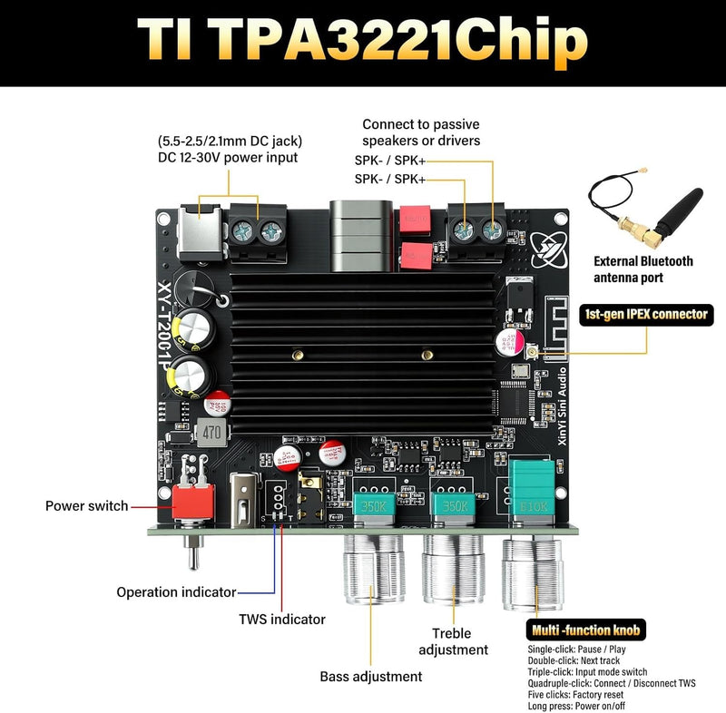2-Pack XY-T2001P Mono Bluetooth AMP Board with TWS,200W Vehicle Amplifier Input 12-30V Wide Voltage Home Audio Amplifier Board,Supports AUX/USB/Bluetooth Input for Home Speaker,Car Audio DIY