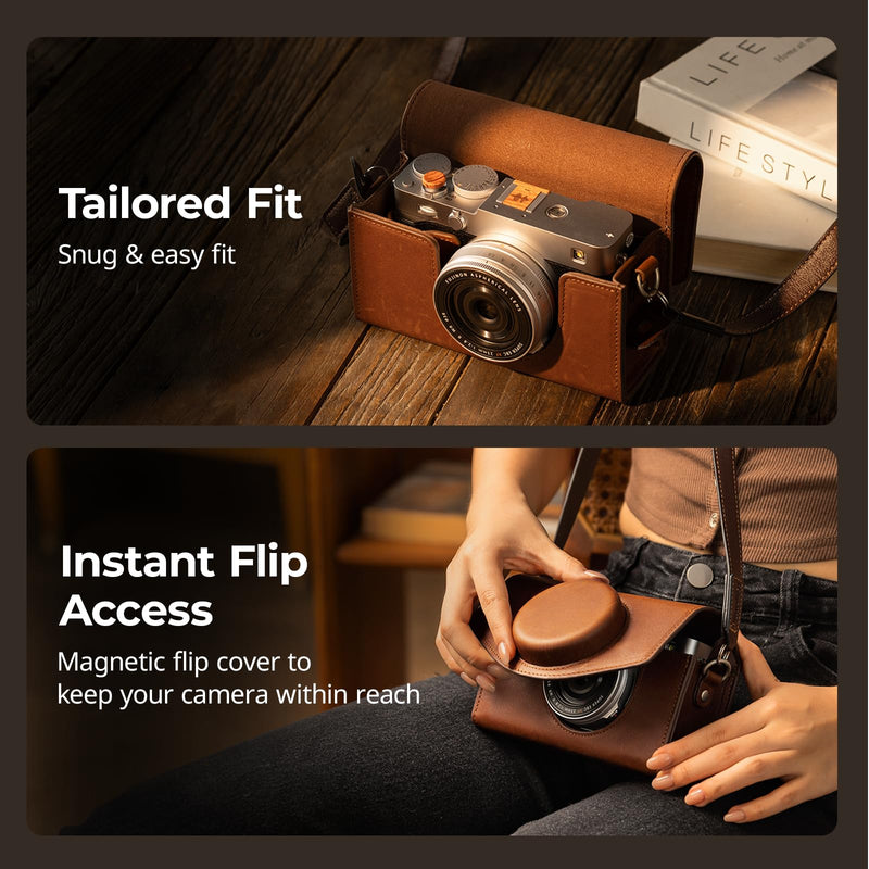 SmallRig Leather Case Bag for FUJIFILM X-E5 / X100VI, for Ricoh GR IV/GR III, Carrying Case with Magnetic Closure, Protective Pouch, Compact Storage Bag, Crossbody Bag, Shoulder Strap, Brown-5986
