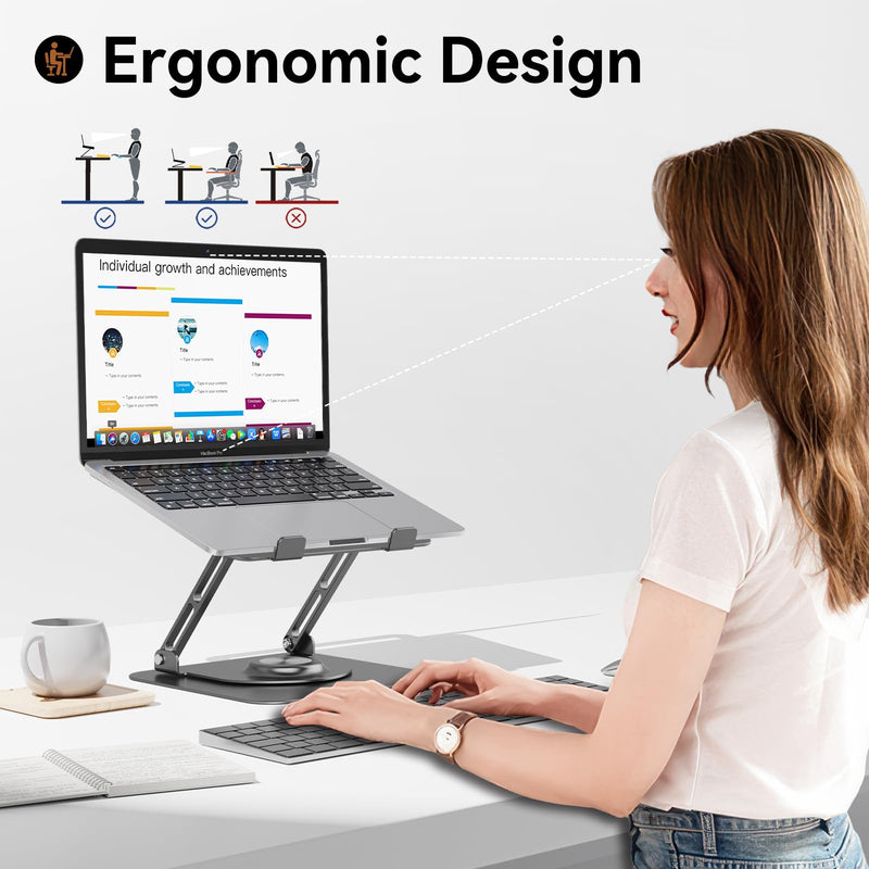 Laptop Stand for Desk, Adjustable Computer Stand with 360° Rotating Base, Ergonomic Laptop Riser for Collaborative Work, Foldable & Portable Laptop Stand, fits for All 10-16" Laptops Grey