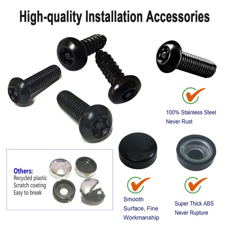 Aootf Black Anti Theft License Plate Screws- Stainless Steel Rustproof Security Bolts Fasteners for Front Rear Car Tag Mount- M6 (1/4") Locking Hardware, with Matte Caps Inserts Nuts, Rattle Proof Pad Black Screws-8
