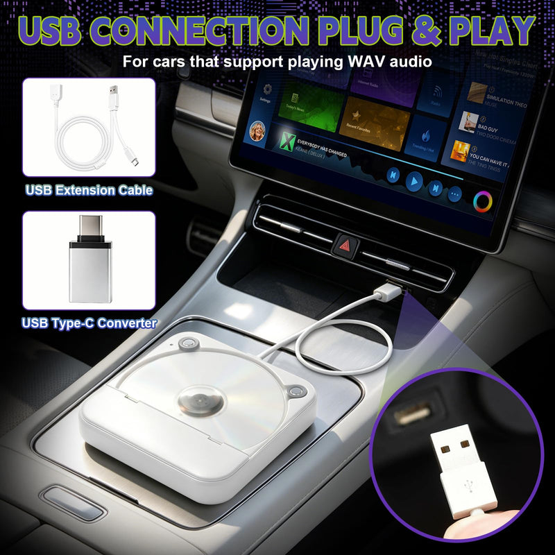 Portable CD Player for Car, External Car CD Player with USB/AUX Port | Plug & Play CD Player for Car, Anti-Skip, Shockproof, USB & AUX Compatible, Works with Car Stereo/Laptop/Desktop/TV White