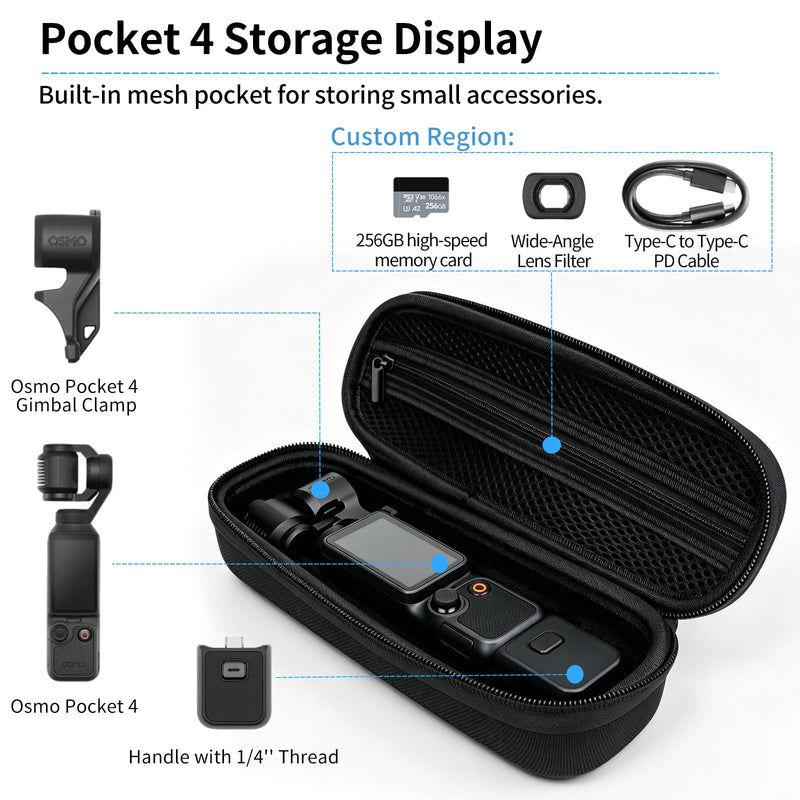 CQT Carrying Case for DJI OSMO Pocket 4 3, Portable Storage Small Protector Hard Bag for Pocket 4 3 Xtra Muse Vlogging Camera Accessories Protective Travel Organizer (Black) Black