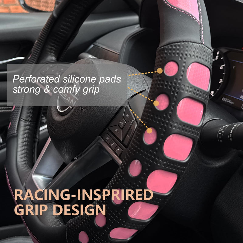 PINCTROT D Shaped Race Grip Steering Wheel Cover, Anti Slip Silicone Perforated Design with Soft Touch Padding, Enhanced Grip for Sporty Driving Flat Bottom 14.5-15 Inch (Racing Pink) 5.Pink D Shaped/Flat Bottom[14 1/2''-15'']