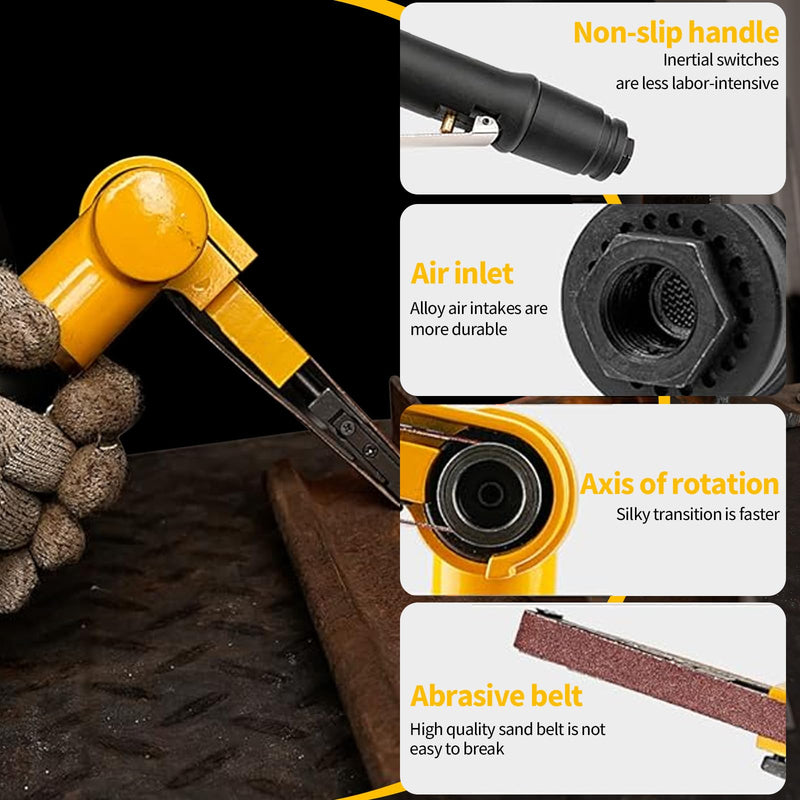 3/8" Pneumatic Belt Sander Set - 14pcs Belts, Grit 60/80/120, Mini Air Belt Grinder for Aluminium, Iron, Steel Metal Polishing