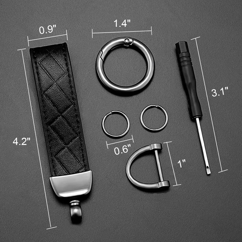 Leather Keychain, Universal Decorative Car Key Holder, Anti-lost D-ring, 360 Degree Rotatable Key Fob Keychain for Men and Women (Black) Black