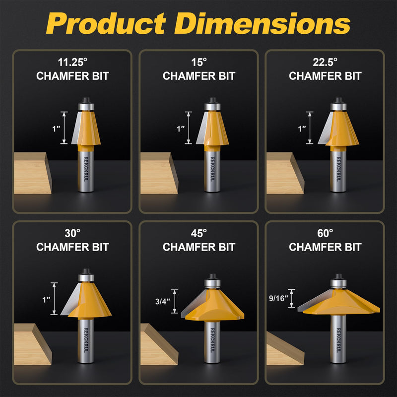 6Pcs Chamfer Router Bits Set with Bearing, 1/2 Inch Shank | Carbide Tipped Woodworking Router Bits for Precision Edge Trimming, Cutting Degree: 11.25, 15, 22.5, 30, 45, 60 6 Pcs - 1/2" Shank
