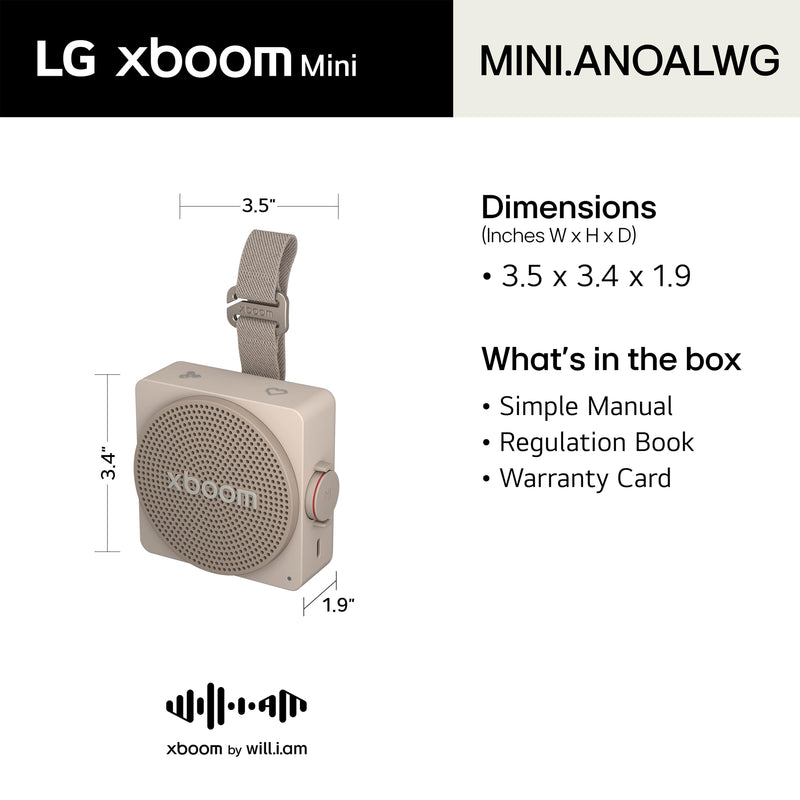 LG xboom Mini by will.i.am Portable Outdoor Bluetooth Speaker, up to 10 Hours, IP67 Dust and Water Resistant, Adjustable Hanging Strap, Warm Grey