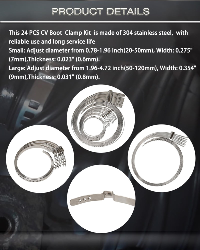 CV Boot Clamp Pliers Kit, Stainless Steel Universal Adjustable Axle CV Joint Boot Crimp Clamp Repair Tool Kit, 24Pcs (12pcs Large+ 12pcs Large)