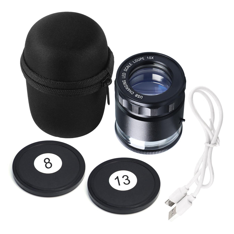 10X Rechargeable Jewelers Loupe Magnifier with LED Lights and 3 Reticle Scales, 25 mm Field of View, Adjustable Focus LED Scale Loupe Jewelry Magnifying Glass for Gems, Coins, Watch, Stamps, Plants
