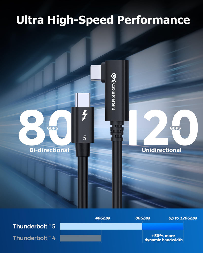Cable Matters [Intel Certified] 80Gbps Right Angle Thunderbolt 5 Cable with up to 120Gbps Bandwidth Boost and 240W Charging - 0.8m / 2.6ft, Compatible with Thunderbolt 4, USB4, and USB C, Black