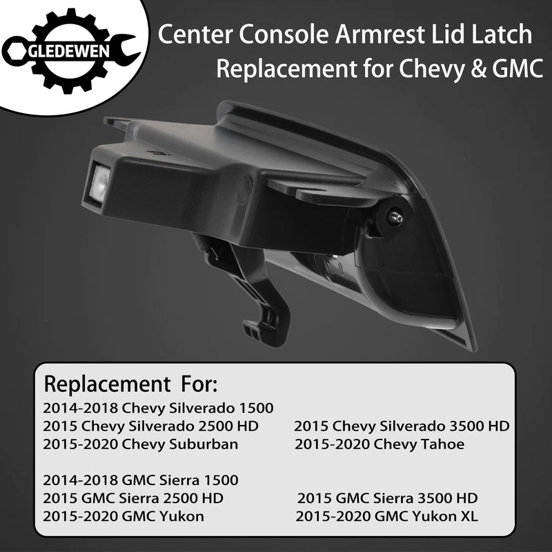 Gledewen Center Console Latch, Compatible with 2014-2020 Chevy Silverado Suburban Tahoe, GMC Yukon Sierra 1500 2500 3500, Plate Armrest Lid Lock | Replace# 22792217 22861304 Center Console Cover Lock Silver