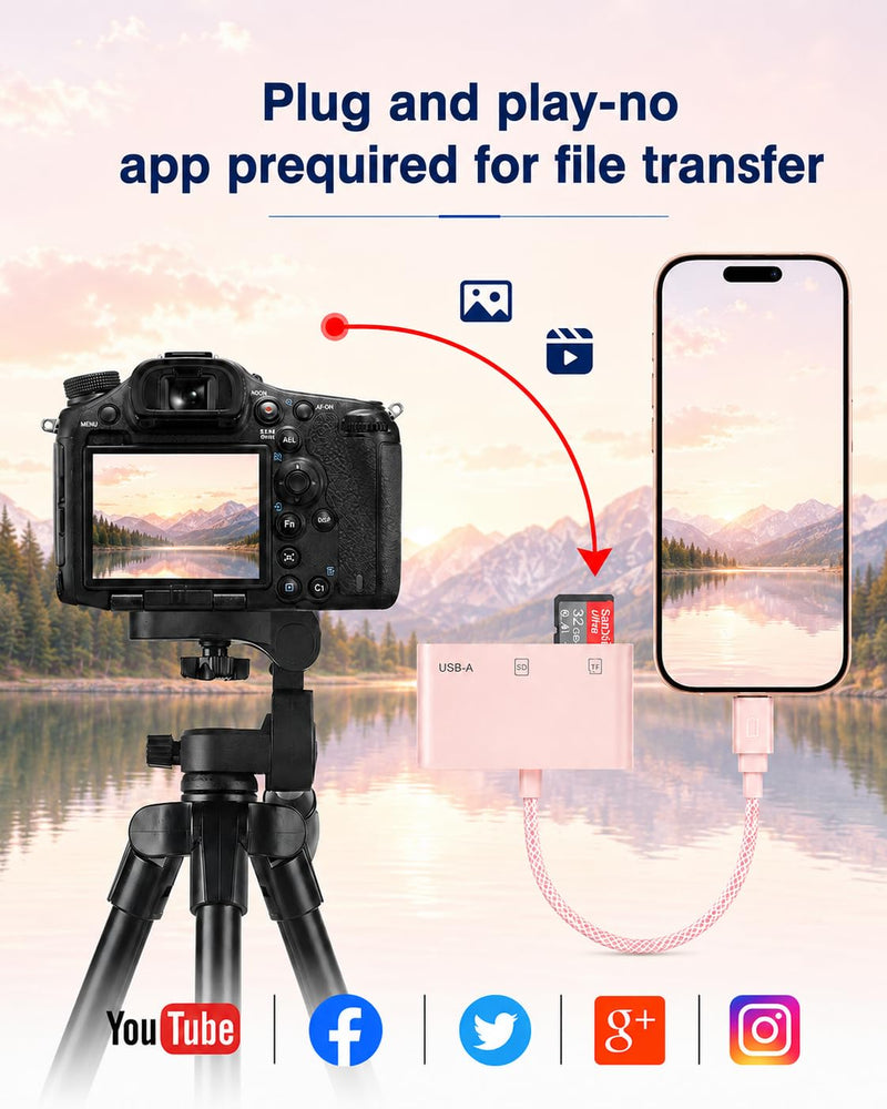 Pink 3 in 1 SD Card Adapter for iPhone, USB-C & Lightning, SD/TF/USB-A | Plug & Play, No App Needed; USB 3.0 High-Speed Reader With Braided Cable For SD/TF/USB-A Fast Photo Transfer Pink