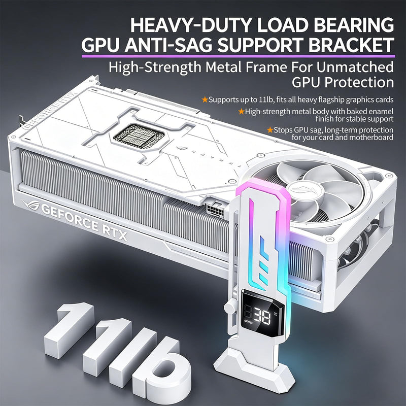 ARGB GPU Support Bracket with CPU & GPU Temp/Usage Display, Adjustable Height Anti Sag GPU Stand with Magnet & Non-Slip Base, Universal Graphics Card Support, RGB GPU Brace / Video Card Holder
