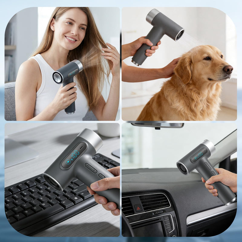 Hair Dryer Cordless, 300W Fast Drying Blow Dryer with Digital Screen, 27000mAh Rechargeable Portable Travel Hairdryer, 100000RPM, 100 Speeds, USB Charging, Hot & Cold Wind for Travel,Camping (Grey) Grey
