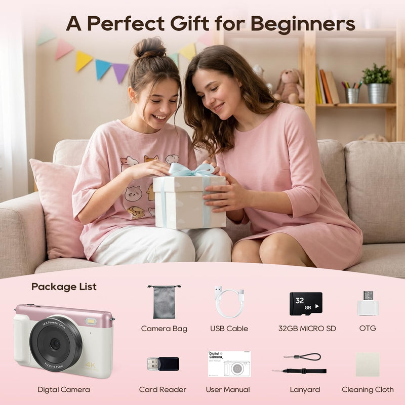 Digital Camera for Teens, 2026 Latest 4K 75MP Autofocus WiFi Vlogging Camera with 3''180° Flip Screen, 16X Zoom, 32GB TF Card, Portable Compact Cameras for Kids Teens Beginner (White)