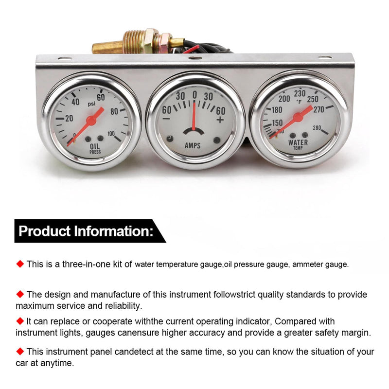 2'' 52mm Universal Chorme 12V DC Car Triple Gauge Kit Psi Oil Pressure Gauge Fahrenheit Water Temperature Temp Gauge Ammeter Gauge Set White Face Car Meter