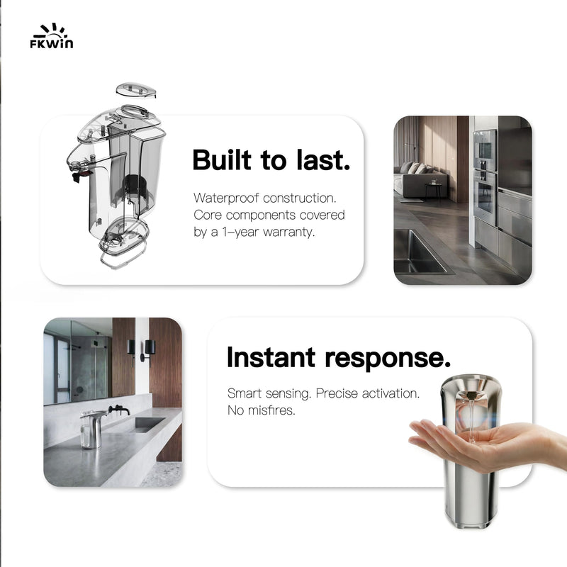 FKWin Automatic Soap Dispenser, Touchless Sensor Hand Soap Dispenser 17oz/500ml, 5 Adjustable Dispensing, Wide Opening Refillable Reservoir, Battery Powered for Bathroom & Kitchen – Silver Transparent