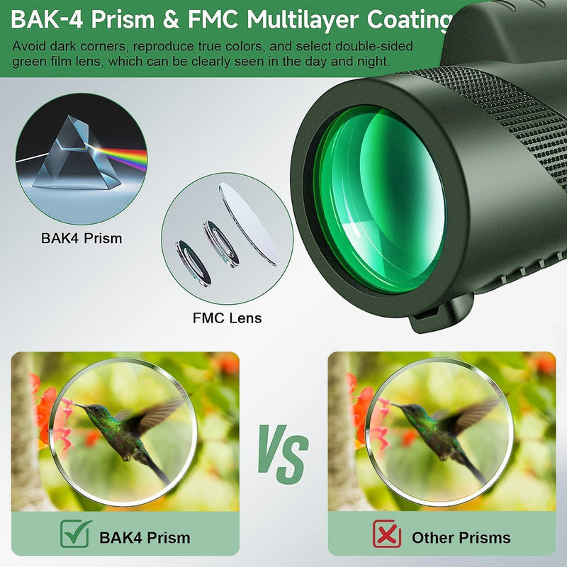 Monocular-Telescope 80x100 High Powered Monoculars High Definition forAduts High Powered with HD BAK4 Prism Smartphone AdapterTelescope Bird Watching Travel Camping Hiking-Green 1