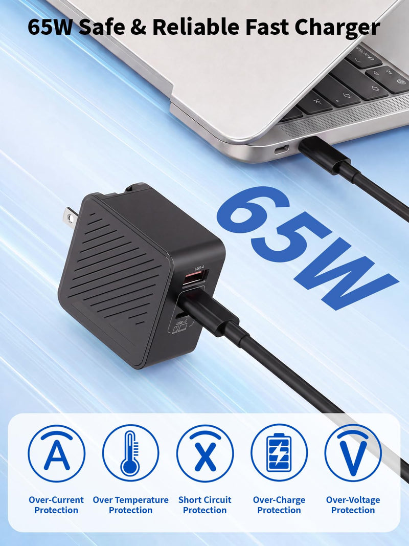 65W USB C Charger Block,3Port Fast MacBook Charger USB C with UK/EU/AU Plug | 2Pack 6.6FT USB C Cable with EU/UK/AU Travel Plug 65W Type C Charger Fast Charging for MacBook Pro/Air, iPhone 17/16/15, iPad