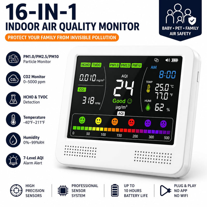 16-in-1 Indoor Air Quality Monitor for Home, CO2 Detector with PM2.5/PM10, Formaldehyde (HCHO), TVOC Sensor, AQI Alarm, Temperature & Humidity Monitor