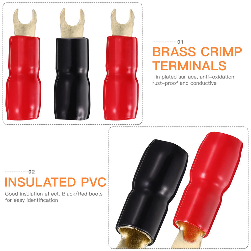 10 Pairs Copper Gold Plated 4 Gauge Strip Spade Terminal Spade Fork Adapters Connectors Plugs Crimp Barrier Spades for Speaker Wire Cable Terminal Plug - 4GA (Red and Black)