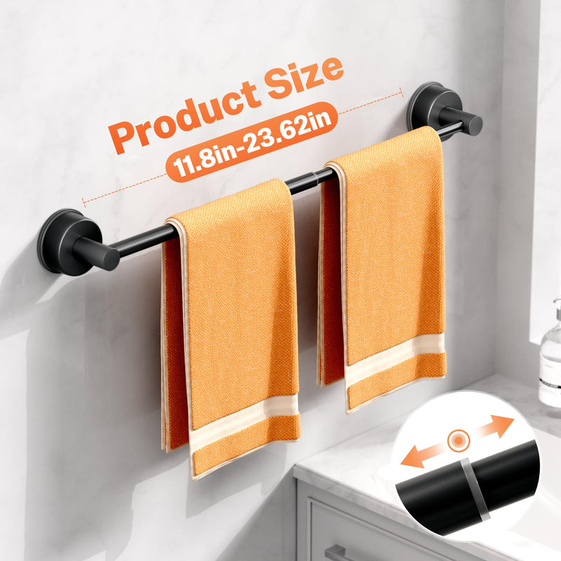 Adjustable Suction Cup Towel Bar for Bathroom Wall, 14.6-24 Inch Stainless Steel No-Drill Suction Towel Bar, Heavy Duty Shower Towel Rack for Bathroom, Glass Door & Tile Wall (Black, 2 Pack) Black