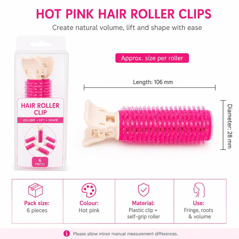 6 Piece Heatless Hair Curlers for Natural Volume and Lift, Self Grip Hair Rollers with Built in Clips, Reusable Curling Rollers for Fringe, Roots and Everyday Styling, Hot Pink