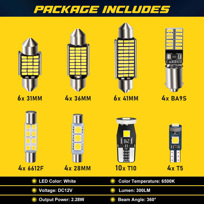 Spurtar 42PCS Interior Car Lights Super Bright White Dome Map Tail Cab Lights Bulb Kit Set T5 T10 28mm 31mm 36mm 41mm BA9S 6612F 194 LED Bulb for Trunk Cargo Door Courtesy License Plate Light 42 42 Pieces LED Light Bulb